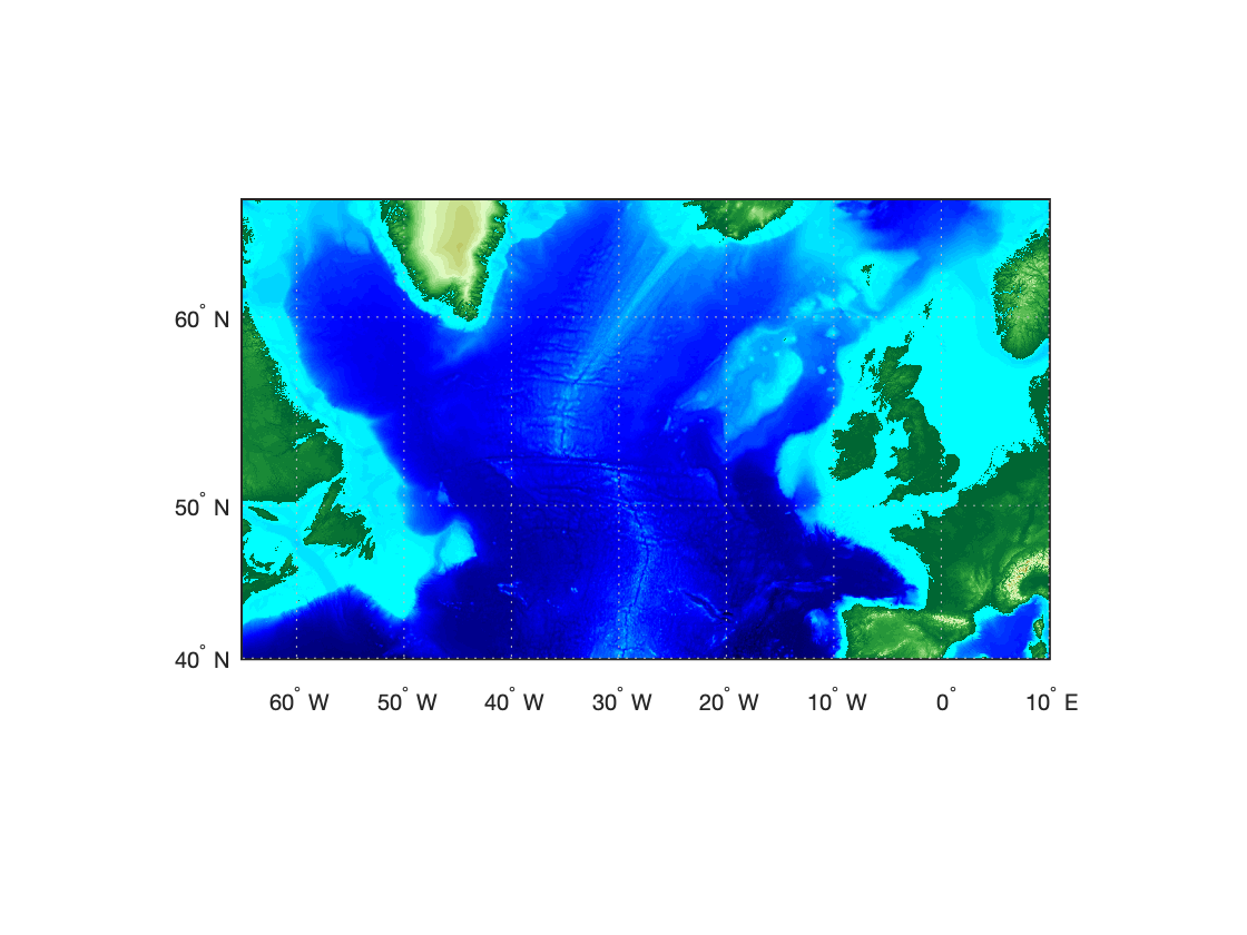 Топографическая карта Северной Атлантики, построенная в MATLAB